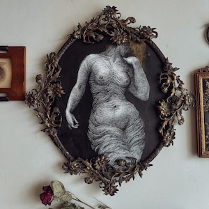 Original Large Ink Drawing, Vintage Ornate Framed Illustration, Dark Art, Gothic Home Decoration, Wall Art, Unique Gifts, Horror Paintings