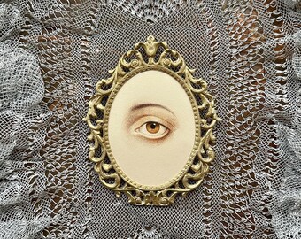Original Colored Pencil Drawing, Gothic Eye Illustration w Vintage Brass Frame, Gallery Wall Art, Victorian Gothic Room Decor, Unique Gifts