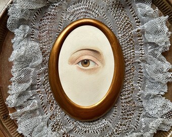 Original Lover's Eye Painting, Victorian Style Unique Watercolor Art in Vintage Metal Frame, Oval Framed Moody Wall Art, Gothic Home Decor