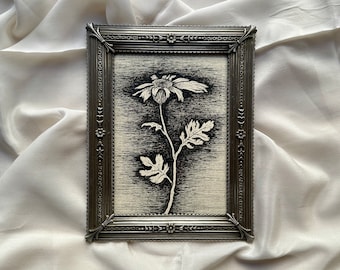 Framed Hand Embellished Unique Print, Ink Drawing Dark Art Daisy Flower Illustration Vintage Frame Victorian Gothic Home Decor Unique Gifts