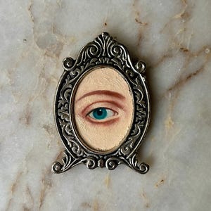 Pintura al óleo original y enmarcada sobre cartón, arte de pared con marco de metal de estilo vintage con pequeños ojos de enamorados, decoración gótica victoriana para el hogar, regalo único