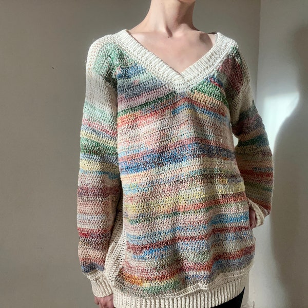 Colorful Upcycled Crochet Sweater, Oversize Handknitted Longsleeve Cotton Blouse, Slow Fashion, Sustainable Clothings, Unique Gifts For Her