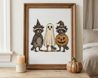 Halloween Raccoons Ghost Pumpkin Cross Stitch Pattern (PDF Download)