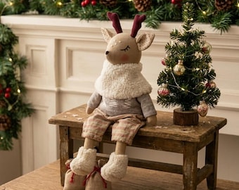 Christmas Reindeer Doll,  Stuffed Textile Deer Plush, Cozy Holiday Home Decor, Rustic Christmas Gift, Soft Animals, Gift For Child