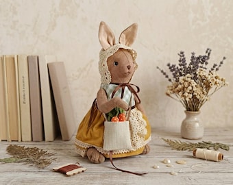 Vintage Bunny Rag Doll, Handmade Fabric Rabbit Toy with Clothes, Heirloom Stuffed Animal, Nostalgic Cottagecore Nursery Decor Gift, OOAK Art