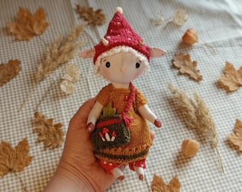 Handmade Goat Doll , Autumn Art Toy, Miniature Stuffed Animal Gift, OOAK Collectible Doll, Small Forest Frien, Whimsical Woodland Decor