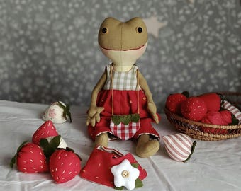 Plushie Woodland Frog Toy. Staffed Whimsical Animal. Strawberry Decoration. Nursery Forest Decor.