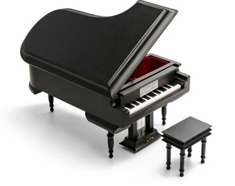 Anspruchsvoller, mattschwarzer Miniatur-Musikflügel mit 18 Tönen und Bank – viele Lieder zur Auswahl