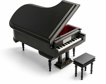 Miniatura de piano de cauda preto fosco com banquinho