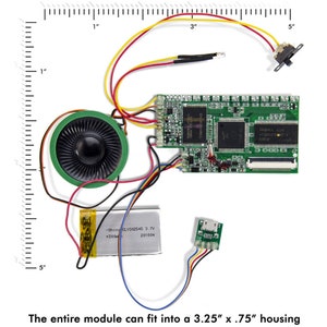 Op de afbeelding: Een groene printplaat met een zwarte luidspreker, een batterij, een USB-poort en een schakelaar. De hele module past in een behuizing van 3,25" x 0,75".