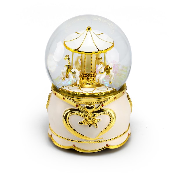 Pristine White and Gold Musical Snow Globe with Carousel - Many Songs to Choose