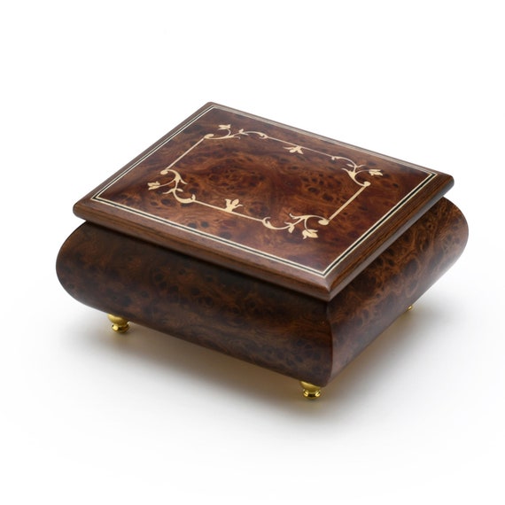 Handmade Sorrento Music Box: Burl-Elm & Rosewood, 18 Note Movement