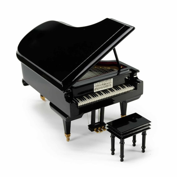 Hi-Gloss Black Grand Piano Music Box: 18-Note Mechanical Movement