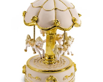 Carrusel musical animado de recuerdo con dosel de marfil y detalles dorados (con muchas canciones para elegir)