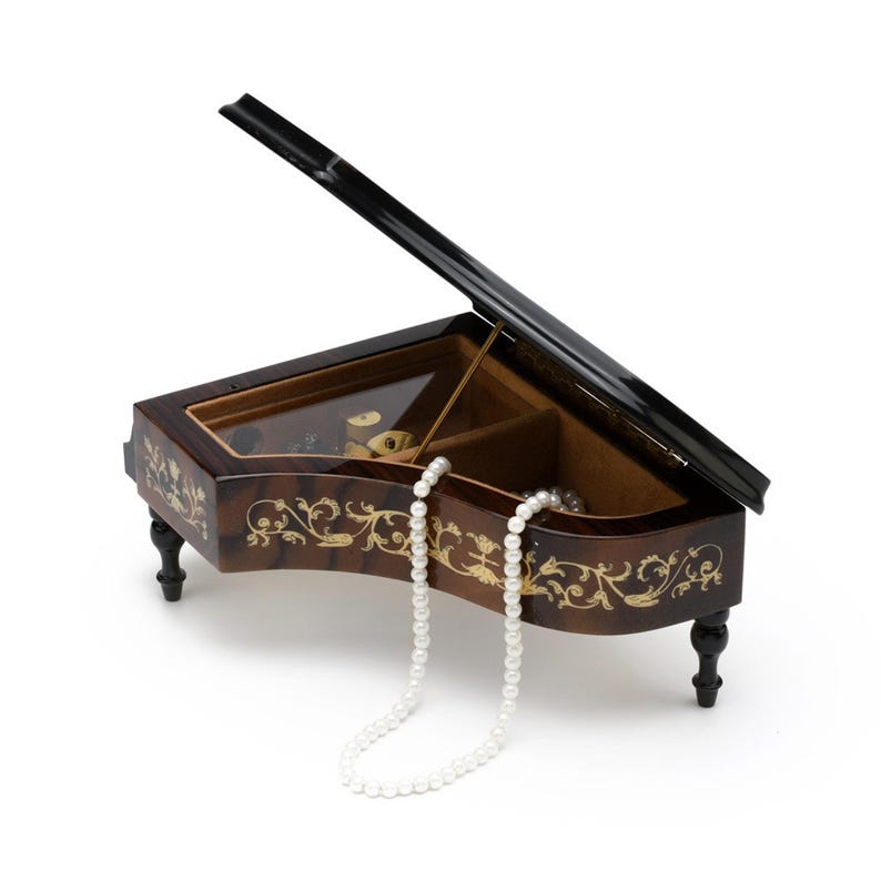 Ornate Walnut Grand Piano Music Box – Arabesque Inlay, 23 Note Movement ...