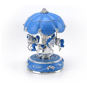 Exquisite Blue and Silver World&#39;s Fair Style Animated Musical Carousel - Many Songs to Choose