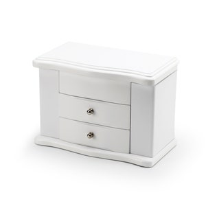 Elegant Matte White 18 Note Spinning Ballerina Jewelry Box with Necklace Catchers - Many Songs to Choose