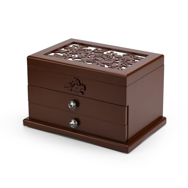 Spacious Dark Brown 18 Note Carved Floral Design Spinning Ballerina Jewelry Box - Many Songs to Choose