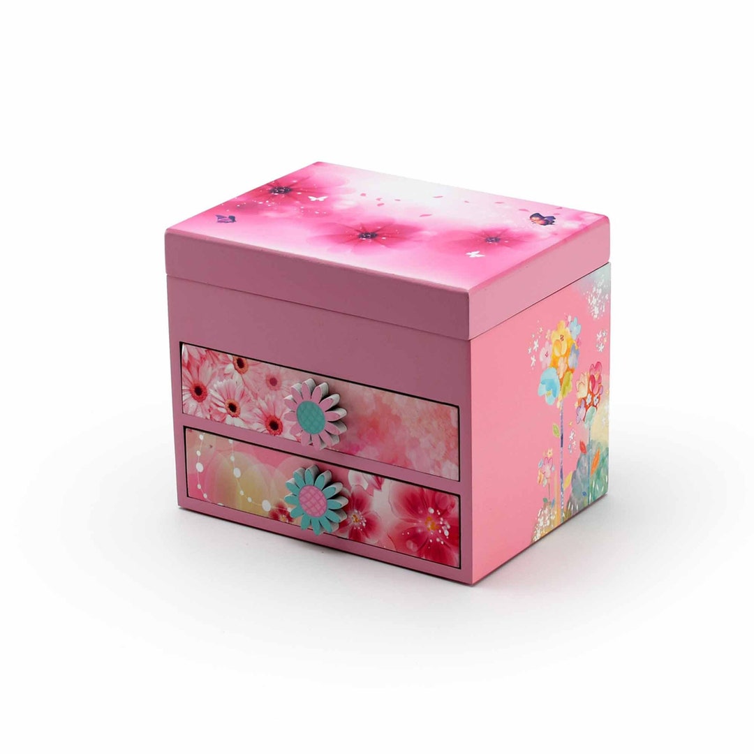 Pink Wooden Floral Theme 18 Note Spinning Ballerina Music Box - Many ...