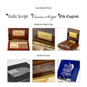 May include: A collage of images showing different styles of engraving on wooden music boxes. The engraving styles include Italic Script, Cursive Script, and Old English. The text on the boxes includes dates, names, and phrases like "June 20, 2009", "Mar Iney Graham", "Camila Lana", "Karen and Andrew", and "I love you to the moon and back".