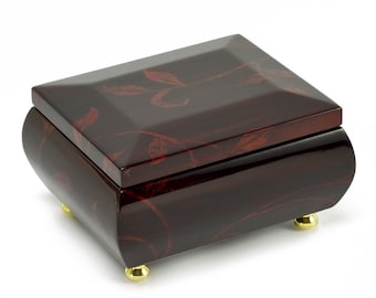 Stunning Burgundy Beveled Top Music Jewelry Box with Artistic Floral Motif - Many Songs to Choose