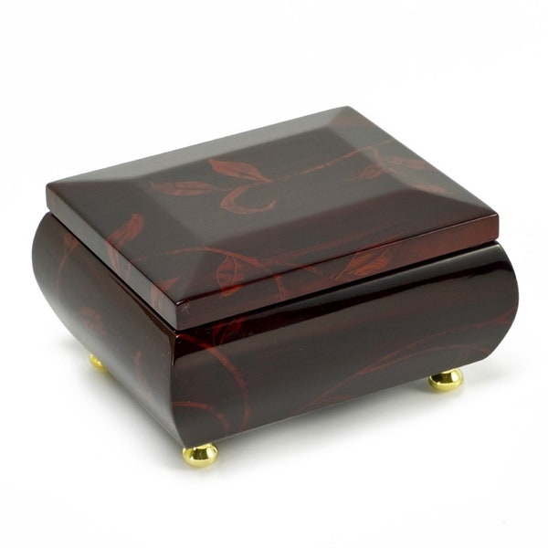 Stunning Burgundy Beveled Top Music Jewelry Box with Artistic Floral Motif - Many Songs to Choose