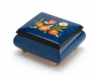 Adorable 18 Note Dark Blue Music Box with Butterfly and Flower Inlay - Many Songs to Choose