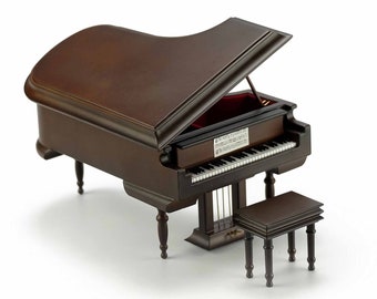 Sophisticated 18 Note Miniature Musical Matte Brown Grand Piano with Bench - Many Songs to Choose