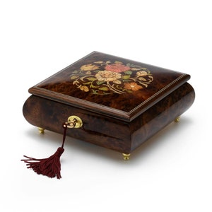 Handcrafted 23 Note Floral Inlay Music Box with Lock and Key - Many Songs to Choose