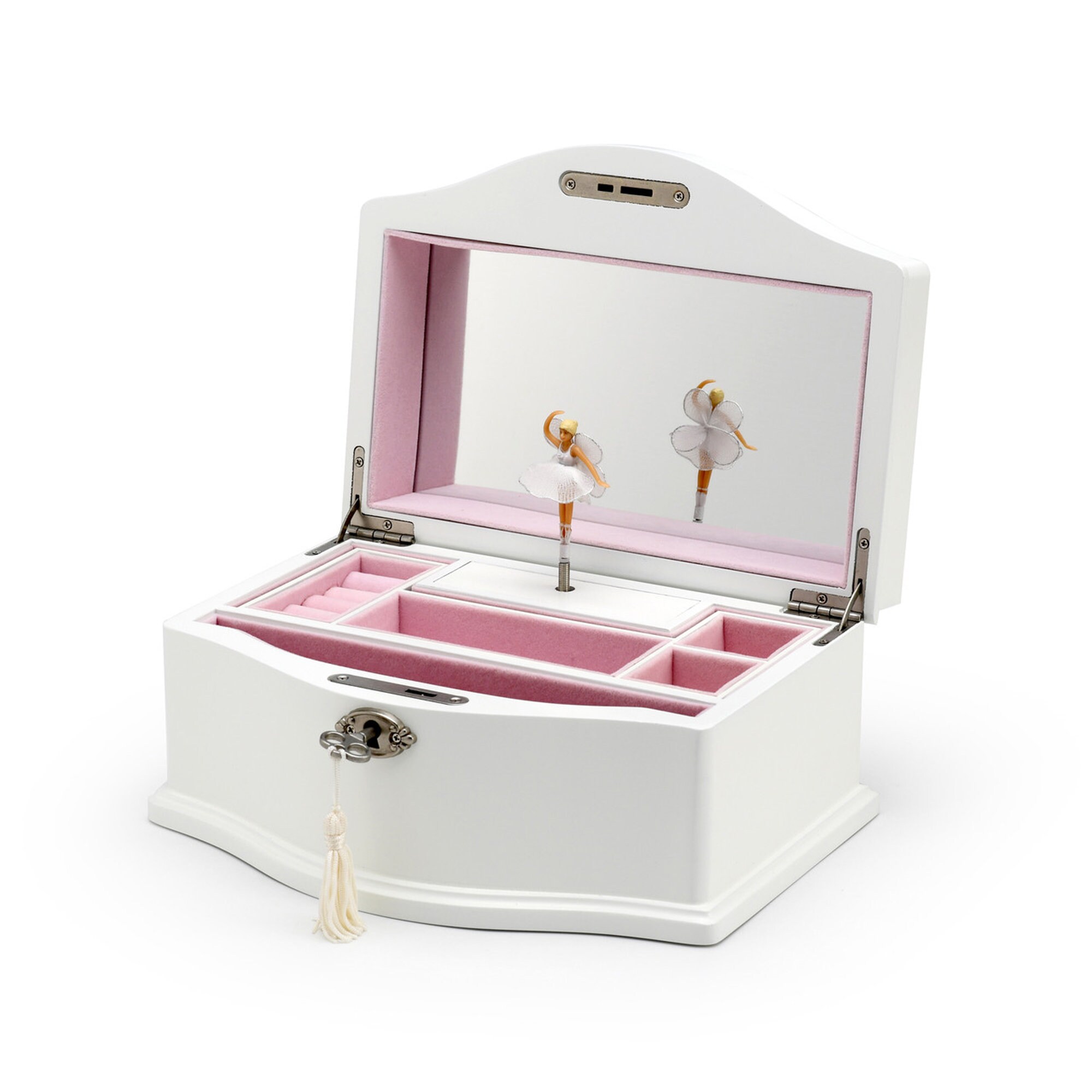 ノスタルジックな18音の白い回転式バレリーナオルゴール（鍵と鍵穴付き