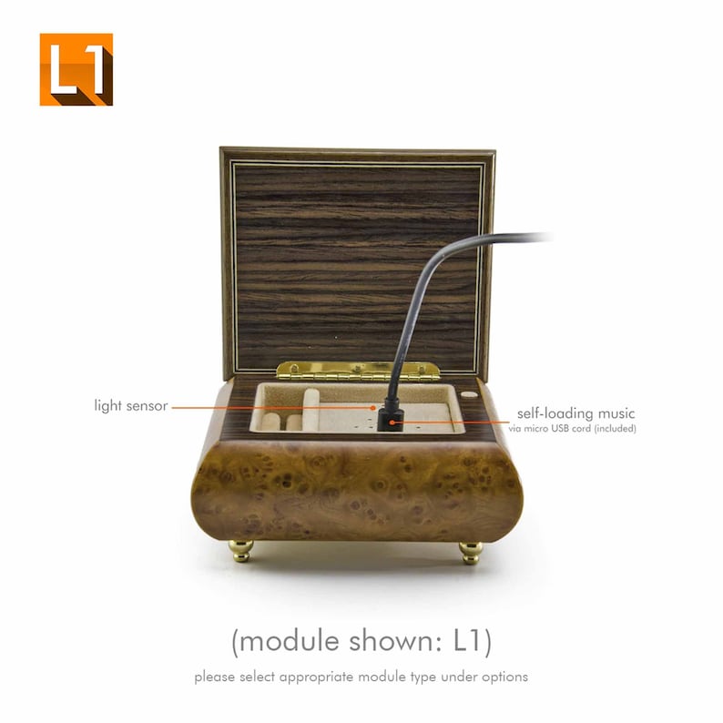 Puede incluir: Una caja de m&uacute;sica de madera con una funci&oacute;n de m&uacute;sica de carga autom&aacute;tica. La caja est&aacute; abierta y un cable USB negro est&aacute; conectado a la caja. El texto "self-loading music via micro USB cord (included)" es visible en la imagen. El texto "(module shown: L1) please select appropriate module type under options" tambi&eacute;n es visible en la imagen.