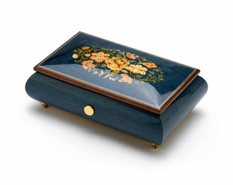Traditional Floral Italian Wood Inlay Dark Blue 50 Note Sankyo Musical Keepsake