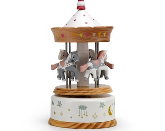 Musical Natural Wood with Pink Polka Dots Animated Carousel with Childhood Themed Accents - Many Songs to Choose