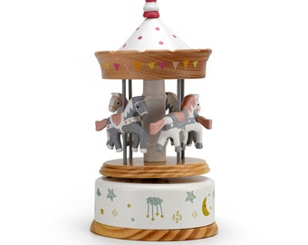 Musical Natural Wood with Pink Polka Dots Animated Carousel with Childhood Themed Accents - Many Songs to Choose