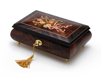 Caja de música con incrustaciones florales: diseño nostálgico de 23 notas, hecha a mano en Italia