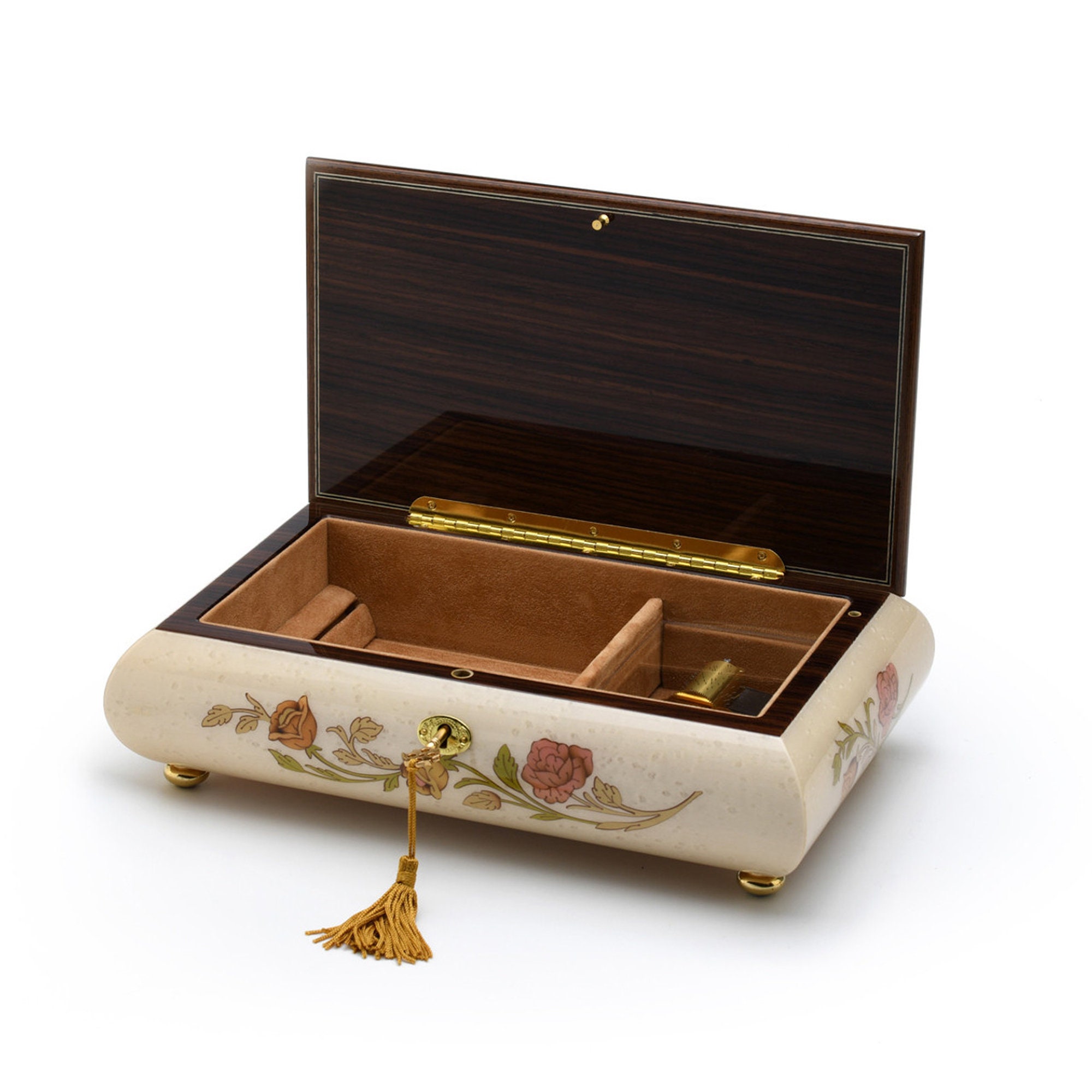Music Box Key Handcrafted Bianco 18 Note White Music Box With Rose Inlay and Lock ...