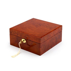 Contemporary Hi Gloss 4-Watch Burl Finish 18 Note Musical Storage Box - Many Songs to Choose