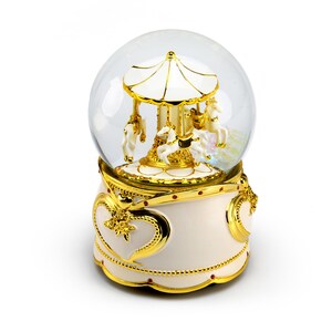 Pristine White and Gold Musical Snow Globe with Carousel Many Songs to Choose image 2
