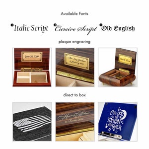 May include: A collage of six images showing different ways to personalize a wooden music box. The first image shows a red music box with a plaque engraved with the text "June 20, 2009". The second image shows a brown music box with a plaque engraved with the text "Mar Iney Graham 17 January 2020". The third image shows a brown music box with a plaque engraved with the text "Camila Lama". The fourth image shows a black music box with a silver American flag design. The fifth image shows a brown music box with the text "Karen Andrew 15 Fevrier 2020" engraved on the lid. The sixth image shows a blue music box with the text "I love you to the moon and back" engraved on the lid.