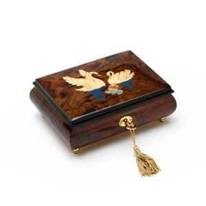 Gorgeous Handcrafted 18 Note Walnut Music Box with Swans Wood Inlay - Many Songs to Choose
