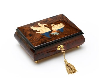 Gorgeous Handcrafted 18 Note Walnut Music Box with Swans Wood Inlay - Many Songs to Choose