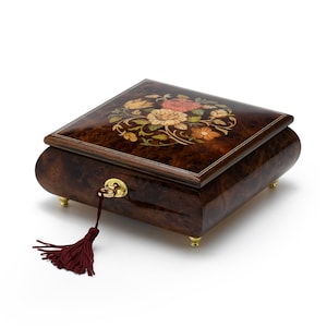 Handcrafted 18 Note Floral Inlay Music Box with Lock and Key - Many Songs to Choose