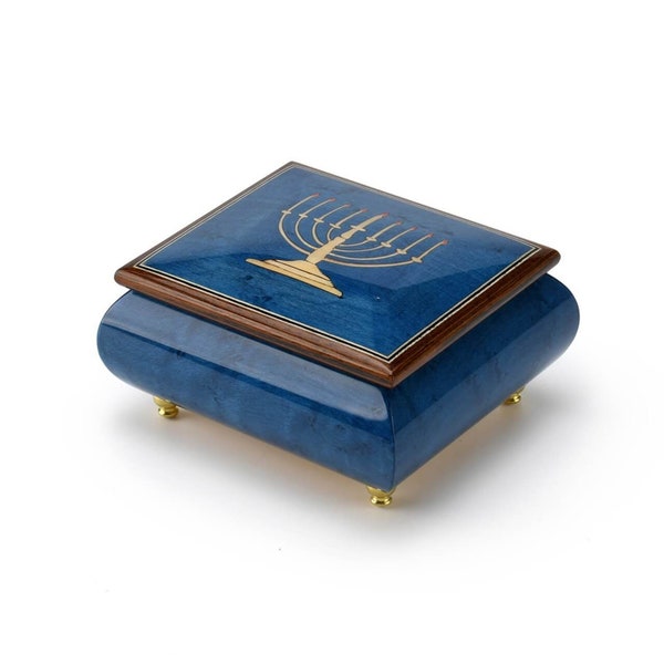 Handcrafted 18 Note Italian Dark Blue Menorah Music Box - Many Songs to Choose