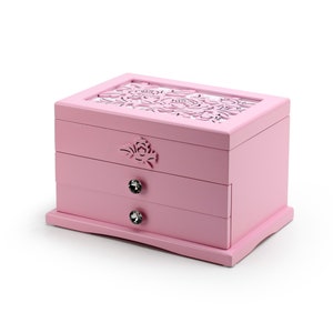 Spacious Pink 18 Note Carved Floral Design Spinning Ballerina Jewelry Box - Many Songs to Choose