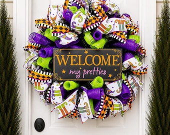Halloween Wreath Welcome My Pretties, Witch Halloween Decor, Purple Green Orange Wreath, Spooky Front Door Decor, Halloween Mesh Wreath