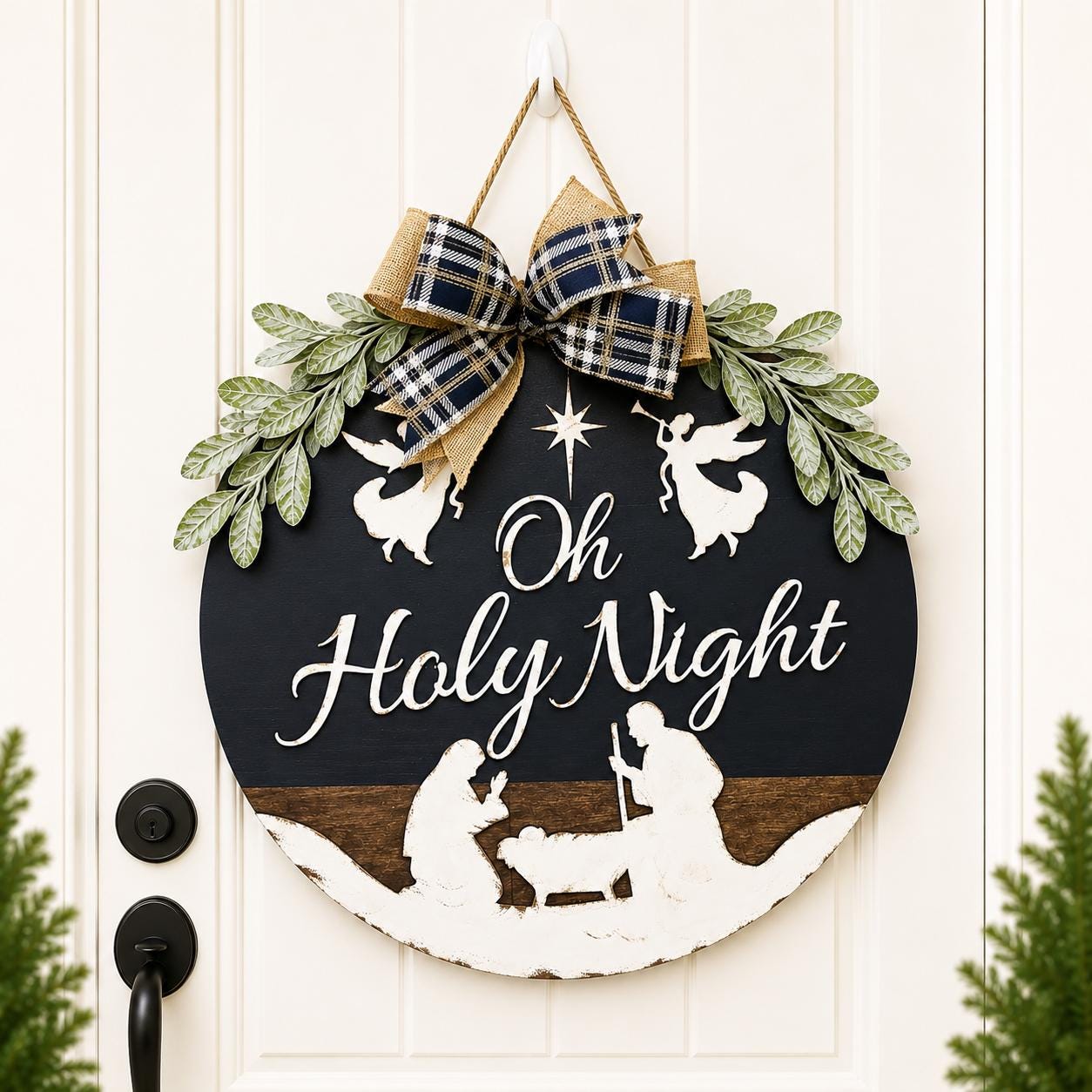 37 Inviting Christmas Front Porch Decor Ideas to Welcome Guests: Festive Ways to Wow Your Neighbors 17 Oh Holy Night Nativity Door Sign, Christian Christmas Porch Leaner…