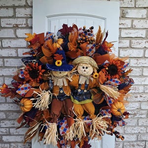 Fall Scarecrow Wreath, Autumn Deco Mesh Front Door Wreath, Harvest Pumpkin Decor, Rustic Farmhouse Fall Decoration, Thanksgiving Wreath