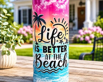 Beach Sunset Tumbler – 20oz Stainless Steel Ocean Palm Tree Cup