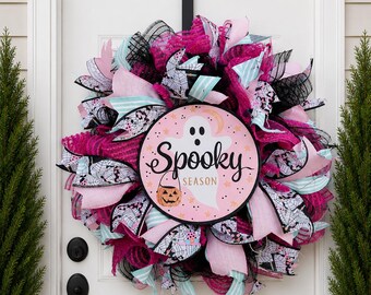 Pink Halloween Wreath, Spooky Season Ghost Decor, Girly Front Door Accent