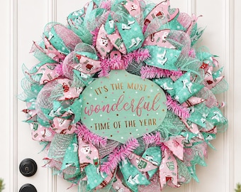 Pastel Christmas Wreath, Pink Mint Holiday Decor, Whimsical Front Door Wreath